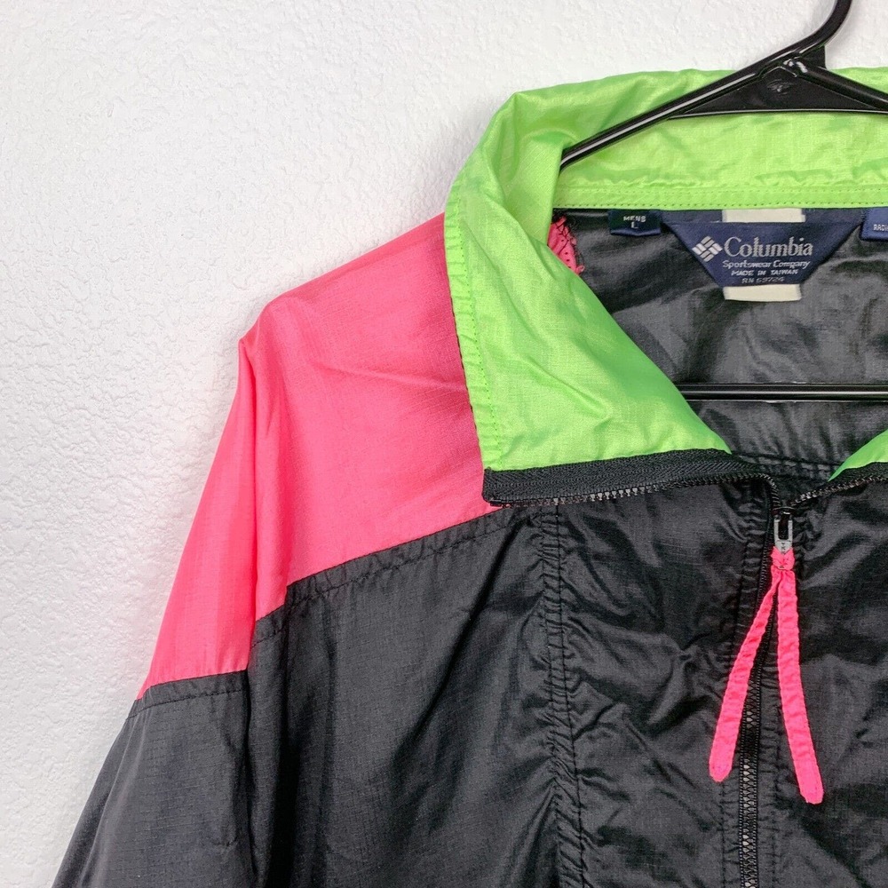 Vintage 80s 90s Columbia Radial Sleeve Black Neon Pullover Windbreaker Large XL - Picture 2 of 6